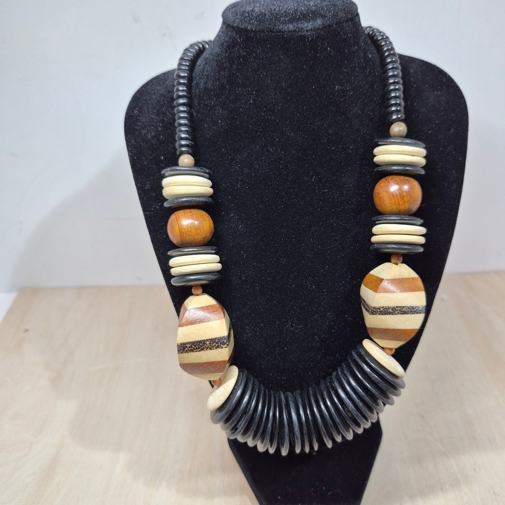 Vintage Boho Chunky Wood Bead Statement Necklace Black Brown‎ Earth Tone 20 Inch